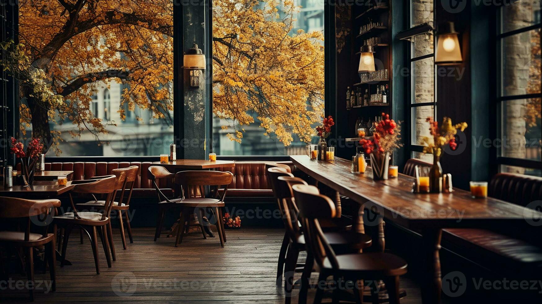 Cozy cafe bistro with blurred background and wooden montage. Generative AI photo