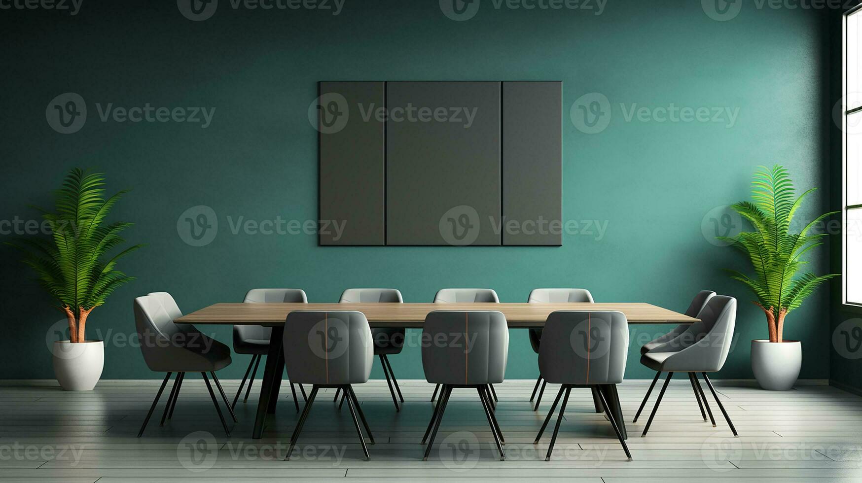 Modern meeting room with empty grey tosca wall, empty space office background mockup. Generative AI photo
