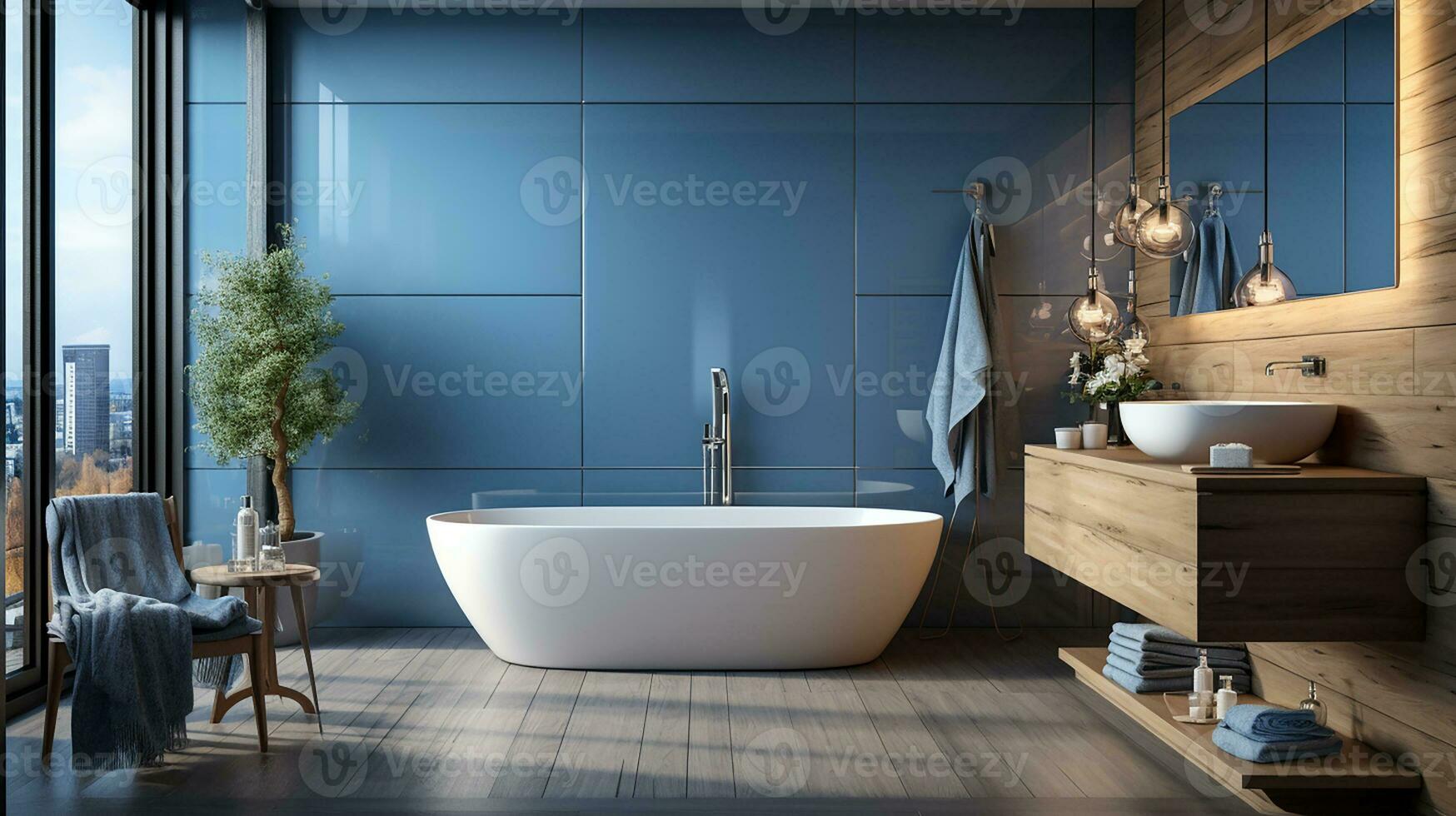 Comfortable bathtub and vanity with basin standing in modern bathroom with blue and wooden walls and wooden floor. Generative AI photo