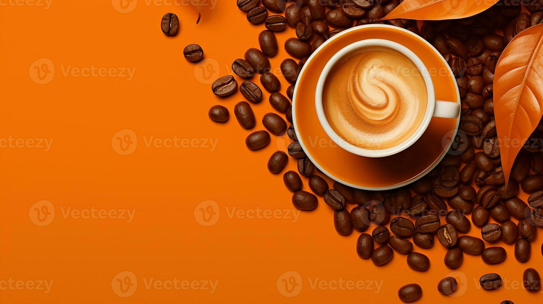High angle cup of cappuccino with latte art on brown background. Beautiful wheat pulled into the foam, greenery ceramic cup, lots of coffee beans and leaf beside the glass. Generative AI photo