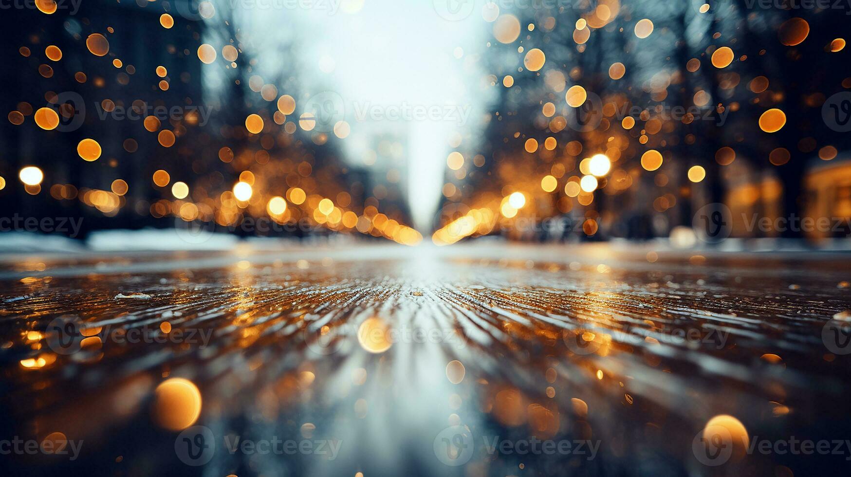 Blurred lights background with snow. Glitter confetti bokeh background. Generative AI photo