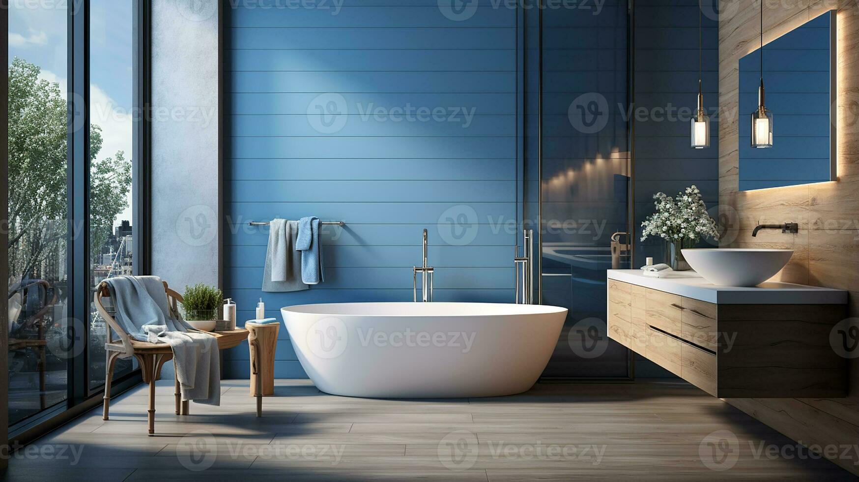 Comfortable bathtub and vanity with basin standing in modern bathroom with blue and wooden walls and wooden floor. Generative AI photo