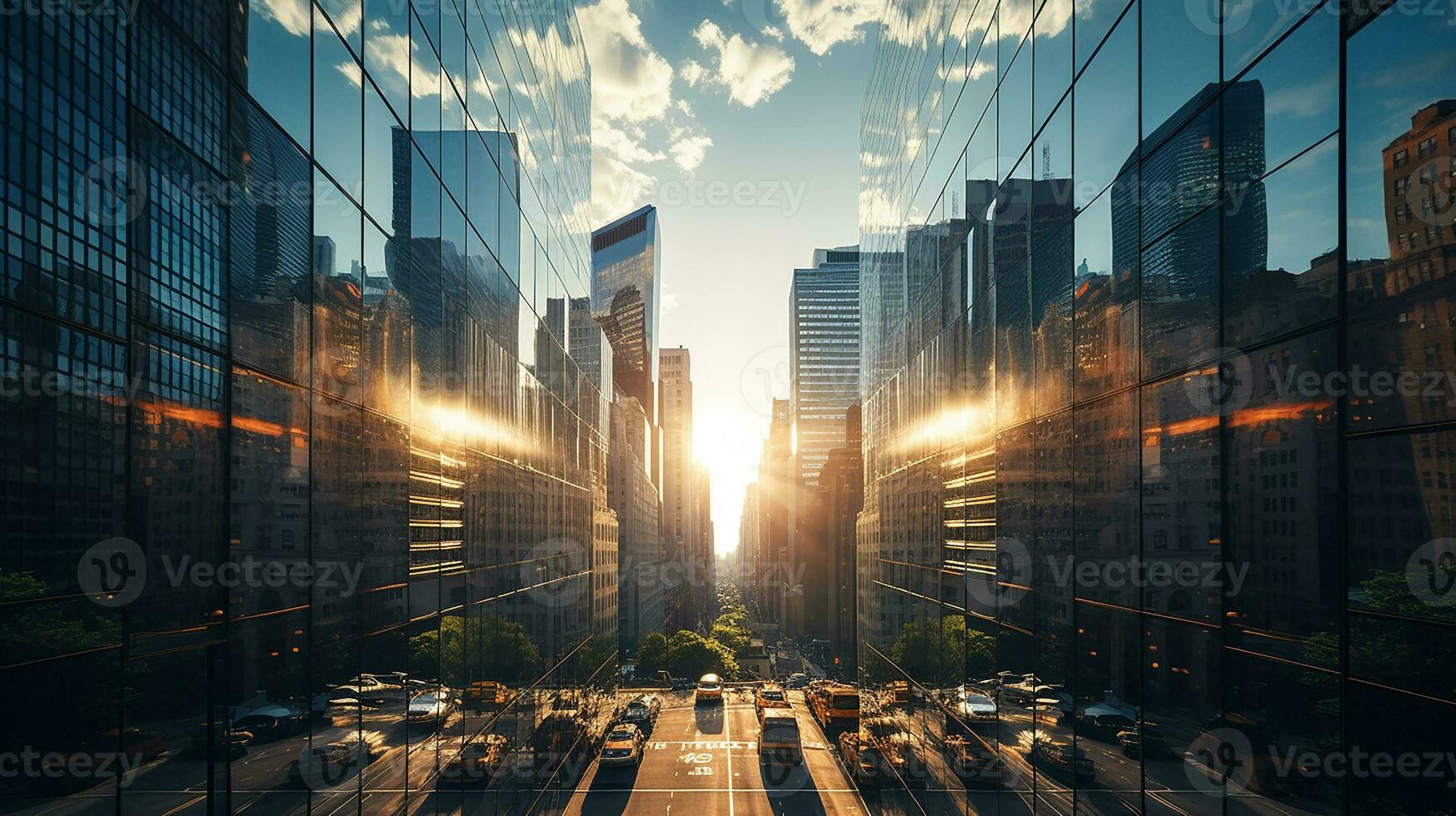Reflective skyscrapers, business office buildings. low angle view of skyscrapers in city, sunny day. Business wallpaper with modern high-rises with mirrored windows. Generative AI photo