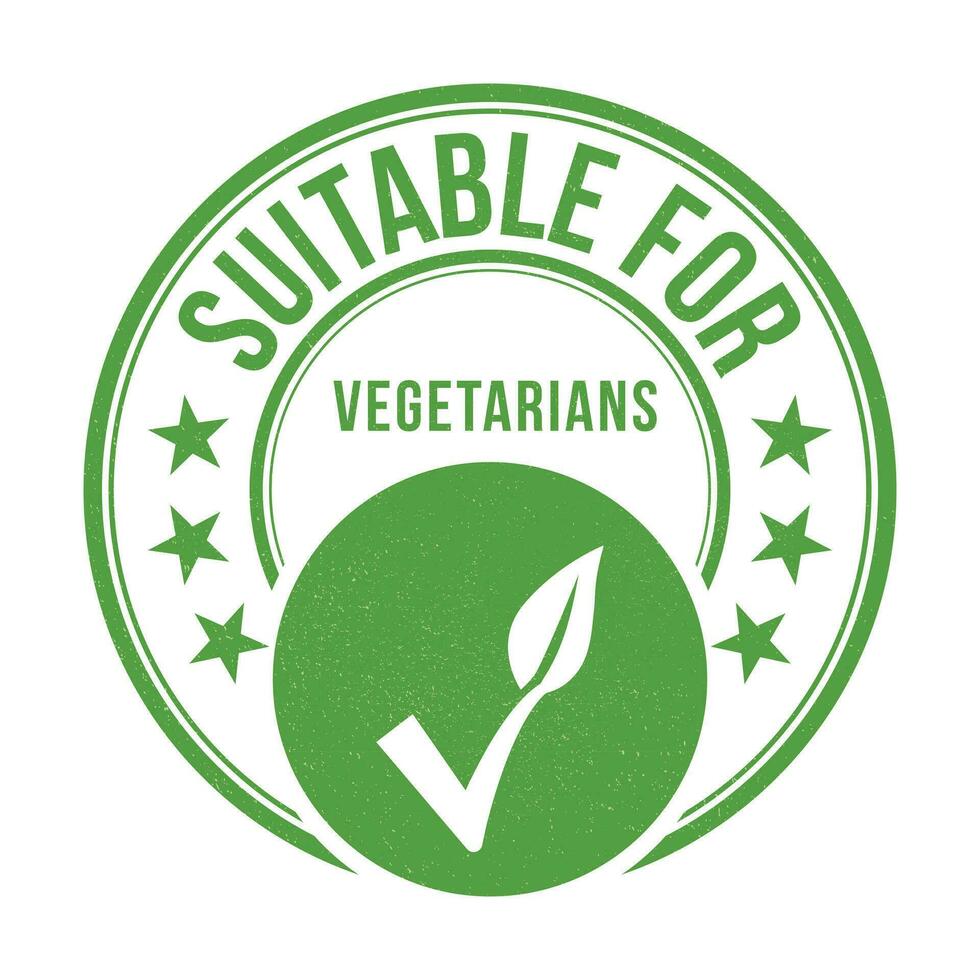 Suitable For Vegetarians Rubber Stamp, Leaf Badge, Sticker, Emblem, Vegetable Foods Design Element, Plants Food Packaging Label Seal, Product Label Design With Grunge Texture Vector Illustration