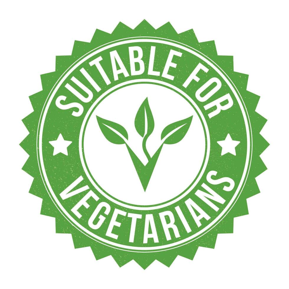 Suitable For Vegetarians Rubber Stamp, Leaf Badge, Sticker, Emblem, Vegetable Foods Design Element, Plants Food Packaging Label Seal, Product Label Design With Grunge Texture Vector Illustration