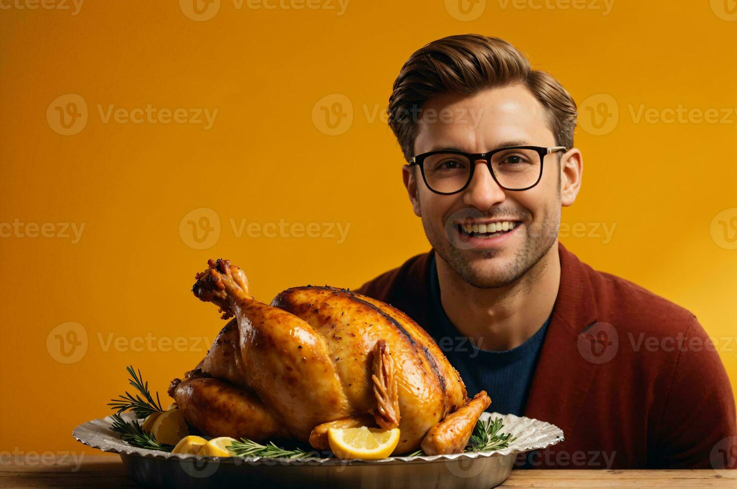 thanksgiving themed photo of man holding golden brown turkey with lemon and herbs and orange background, AI Generated