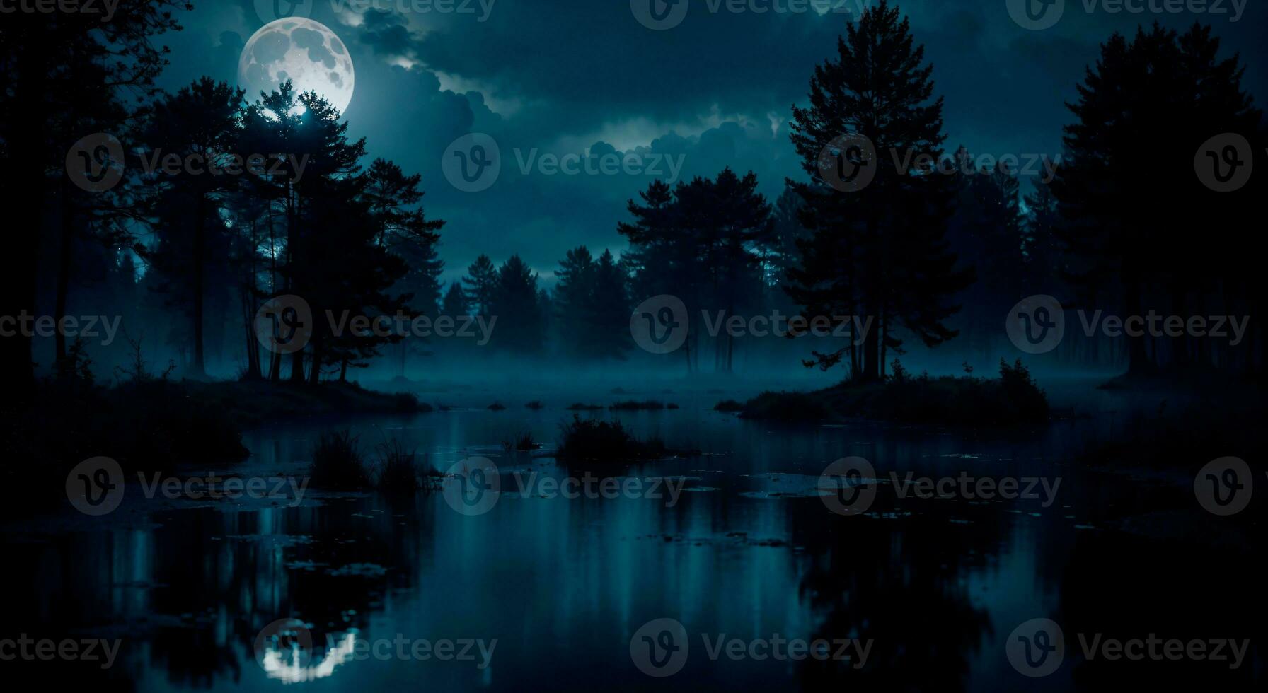 Spooky blue toned Halloween night with full moon and eerie trees in the woods, AI Generated photo