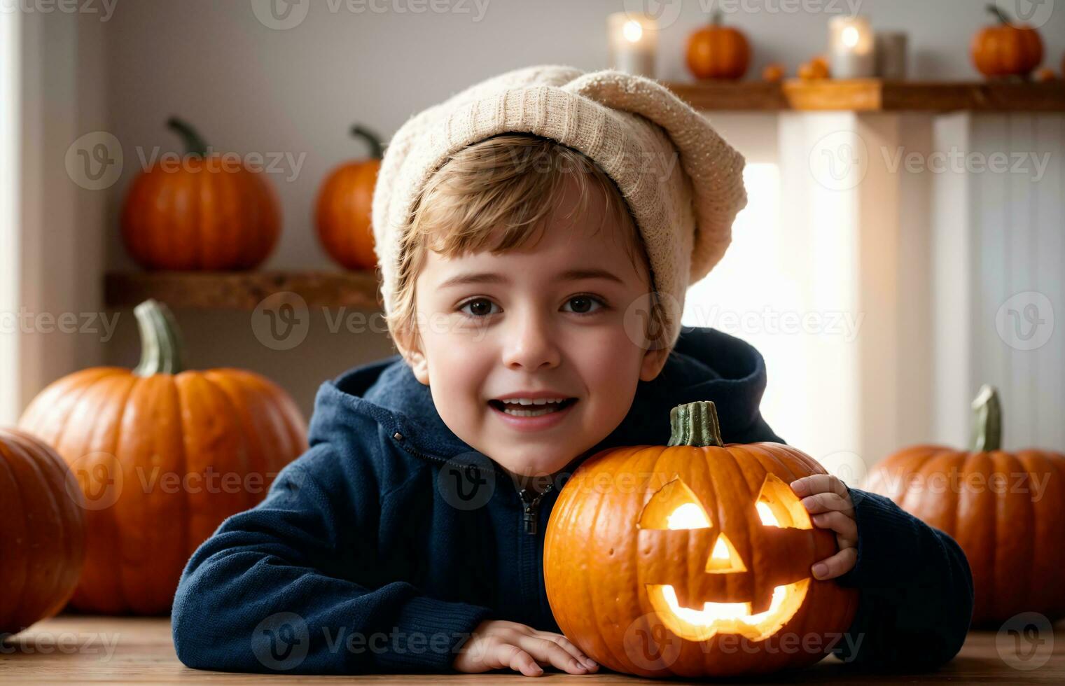 child with jack o lantern in cozy orange thanksgiving and halloween setting with carved pumpkins, AI Generated photo