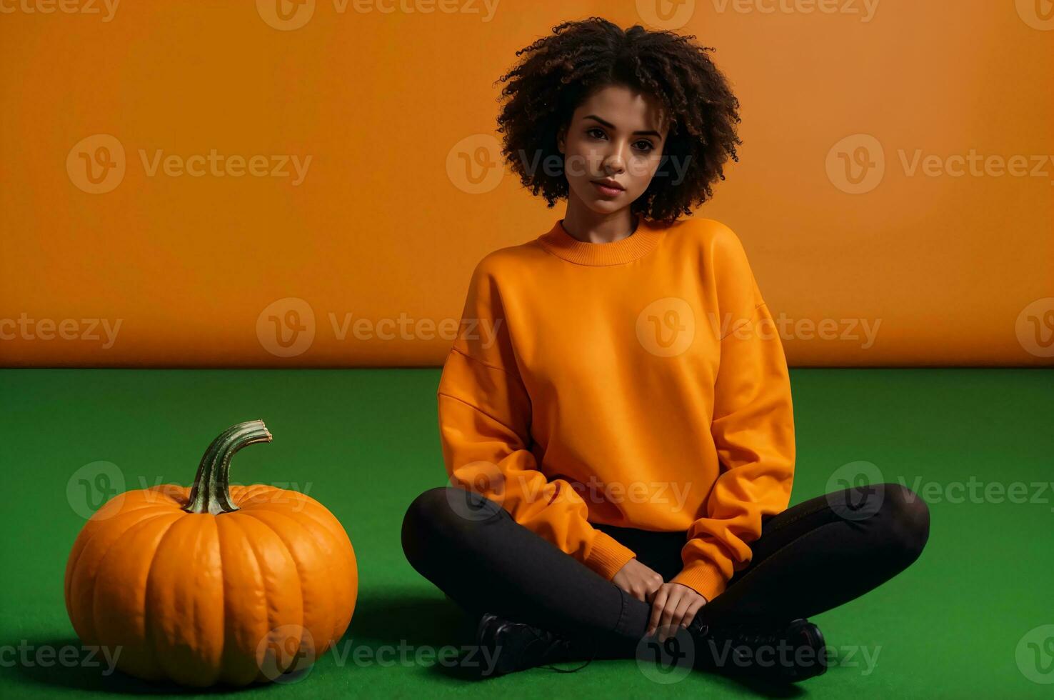 thanksgiving photo with woman in orange sweater and pumpkin on green background, AI Generated
