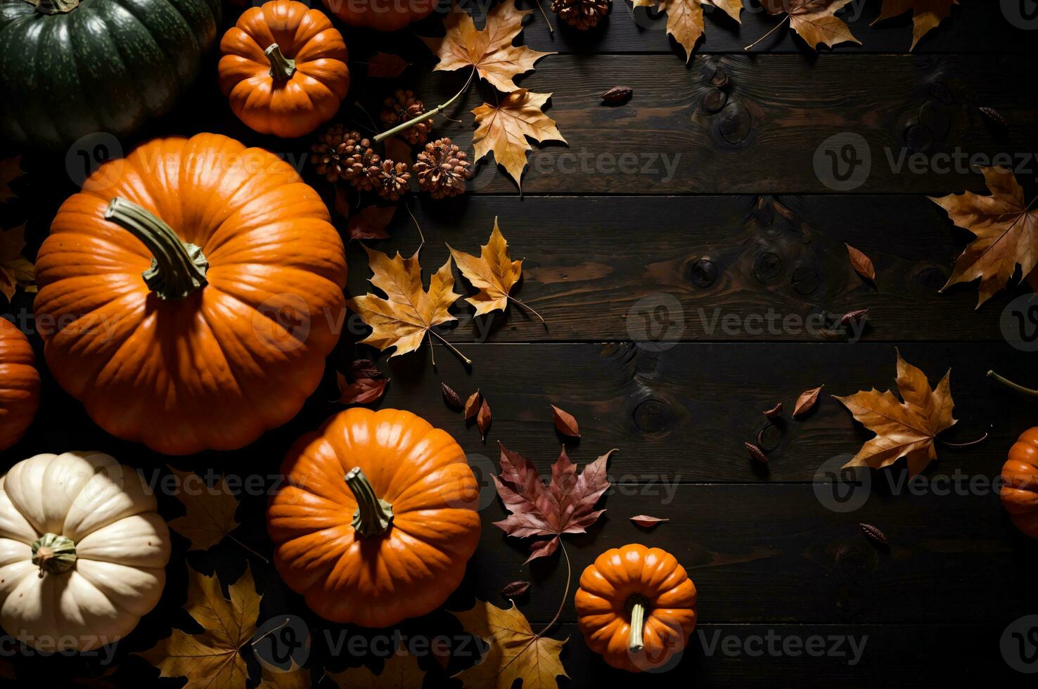 festive thanksgiving decoration with orange pumpkins and colorful leaves on a dark wooden background., AI Generated photo