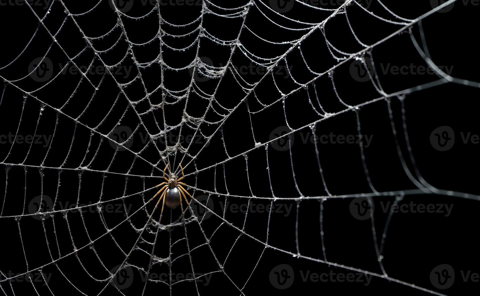 Intricate black and white spider web close up on dark background, AI Generated photo