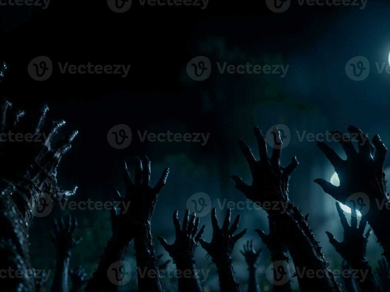 Halloween zombie hands reaching up from the ground in a foggy graveyard at night with dark blue and black tones, AI Generated photo