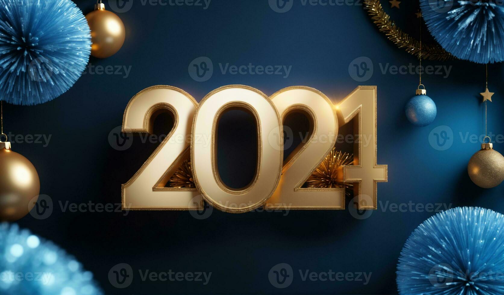 image of 2024 in gold with blue background, Christmas ornaments, stars, and festive mood, AI Generated photo