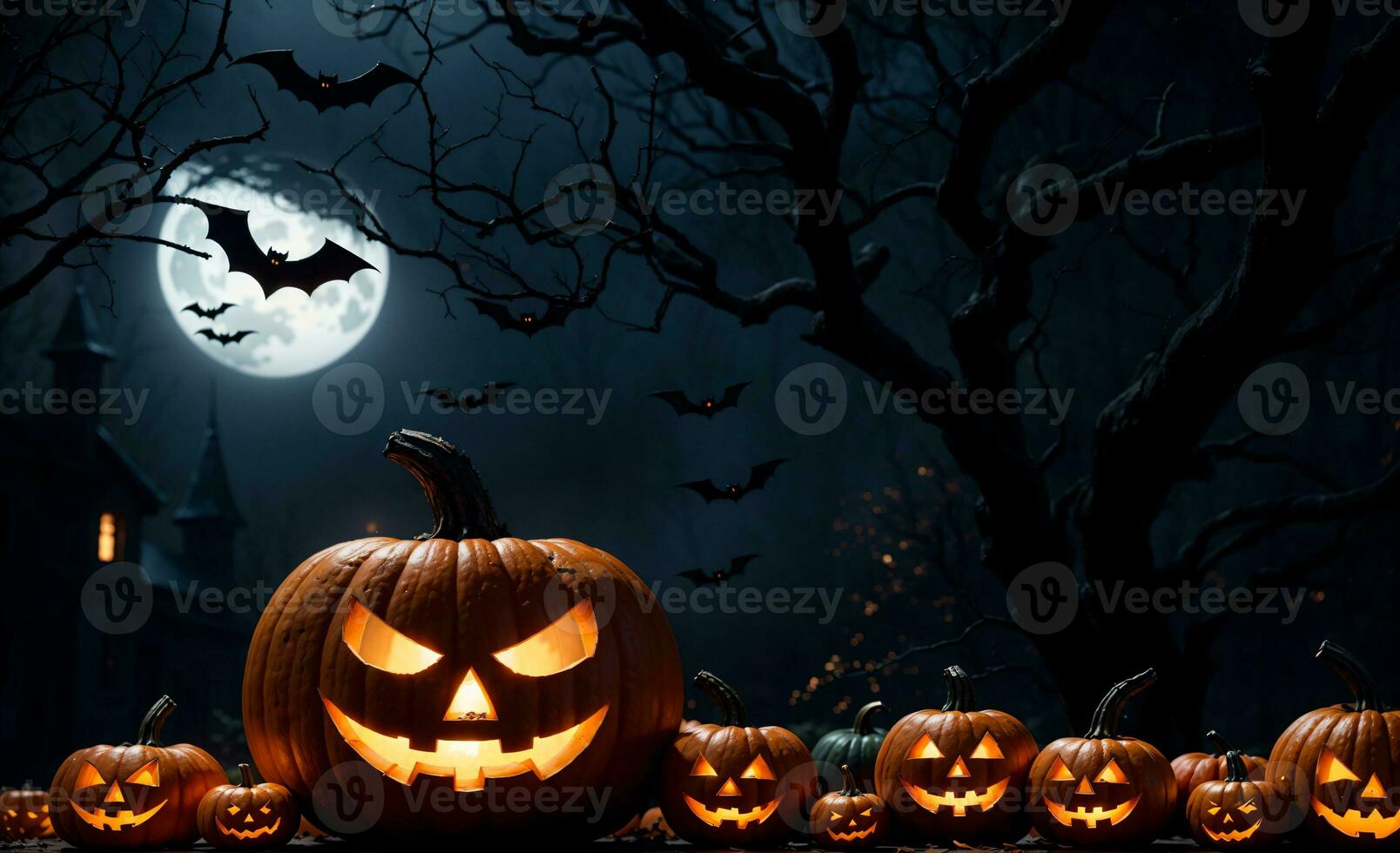 spooky halloween night with jack o lanterns, bats, and a full moon in a haunted forest, AI Generated photo