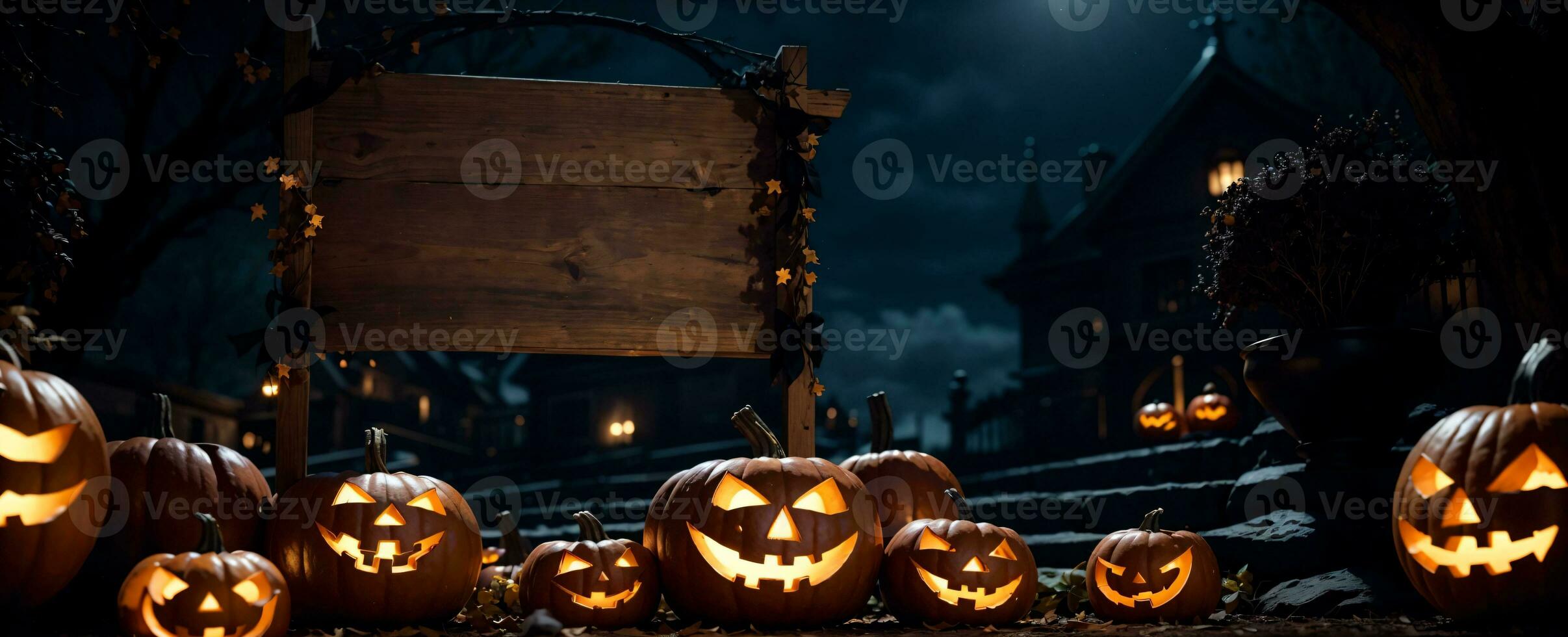 Spooky orange and black Halloween scene with pumpkins and a blank sign on a porch at night, AI Generated photo