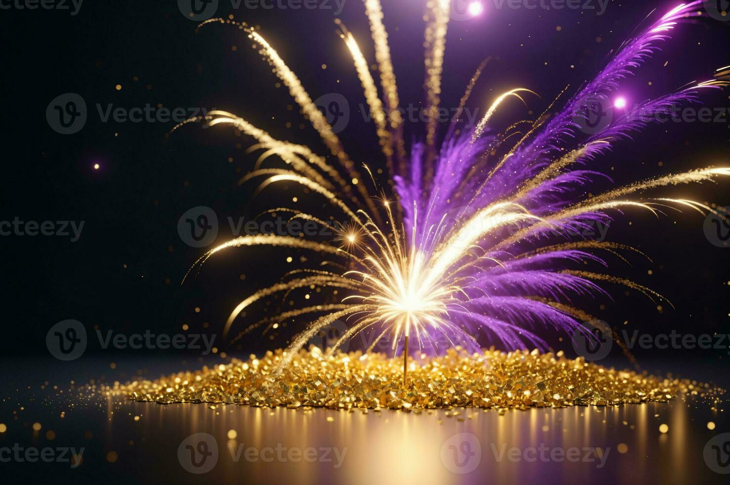 Purple, gold and white fireworks and light reflections with bokeh effect, AI Generated photo