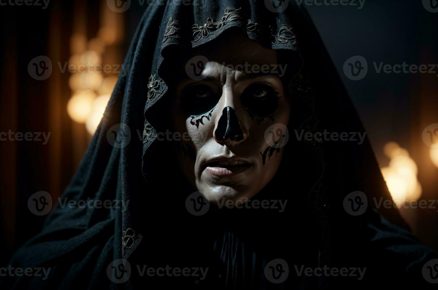 Spooky Halloween face mask makeup and eerie candles in the background, AI Generated photo