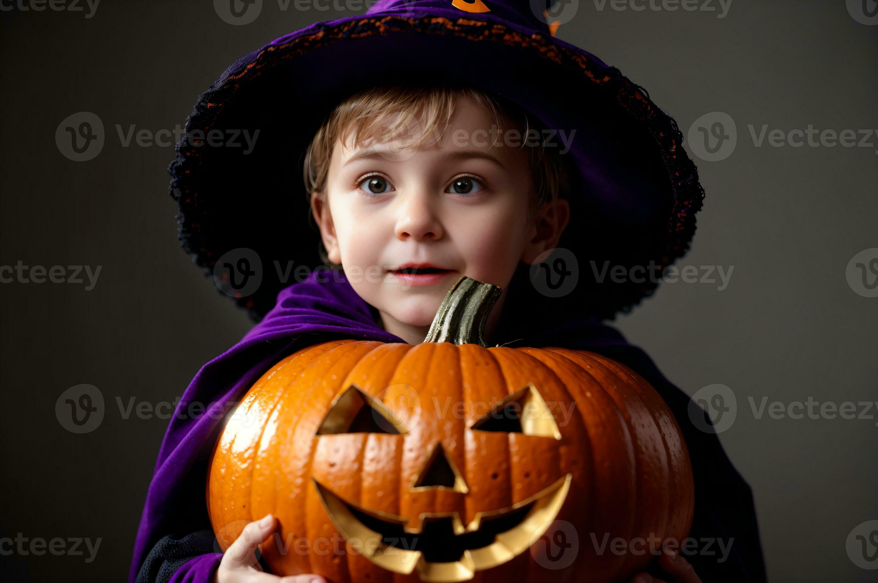 child in a witch hat holding a smiley face jack o lantern in an orange