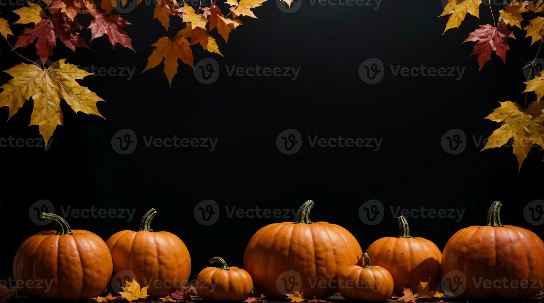 festivo acción de gracias antecedentes con naranja calabazas y vistoso hojas en un negro fondo, ai generado foto