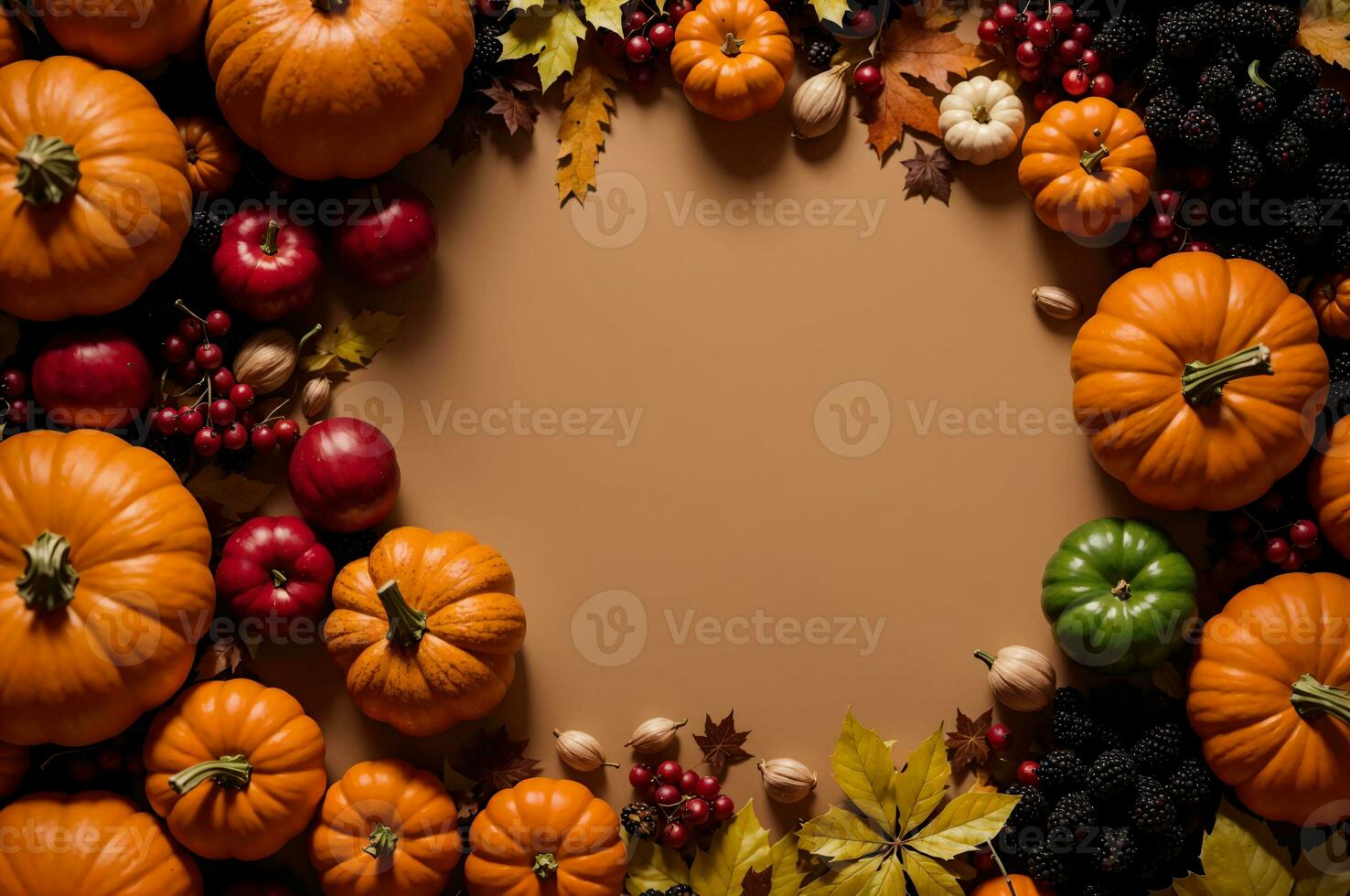 festive autumnal thanksgiving wreath with pumpkins, berries, and leaves, AI Generated photo