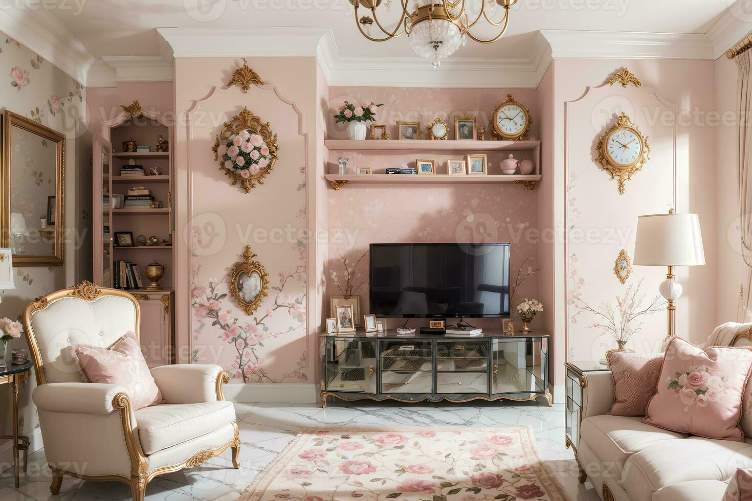 luxurious, cozy living room with elegant furniture and tasteful decor. Serene and spacious living space, peach and powder pink luxury interior design floral color sofa and armchairs.AI Generated photo