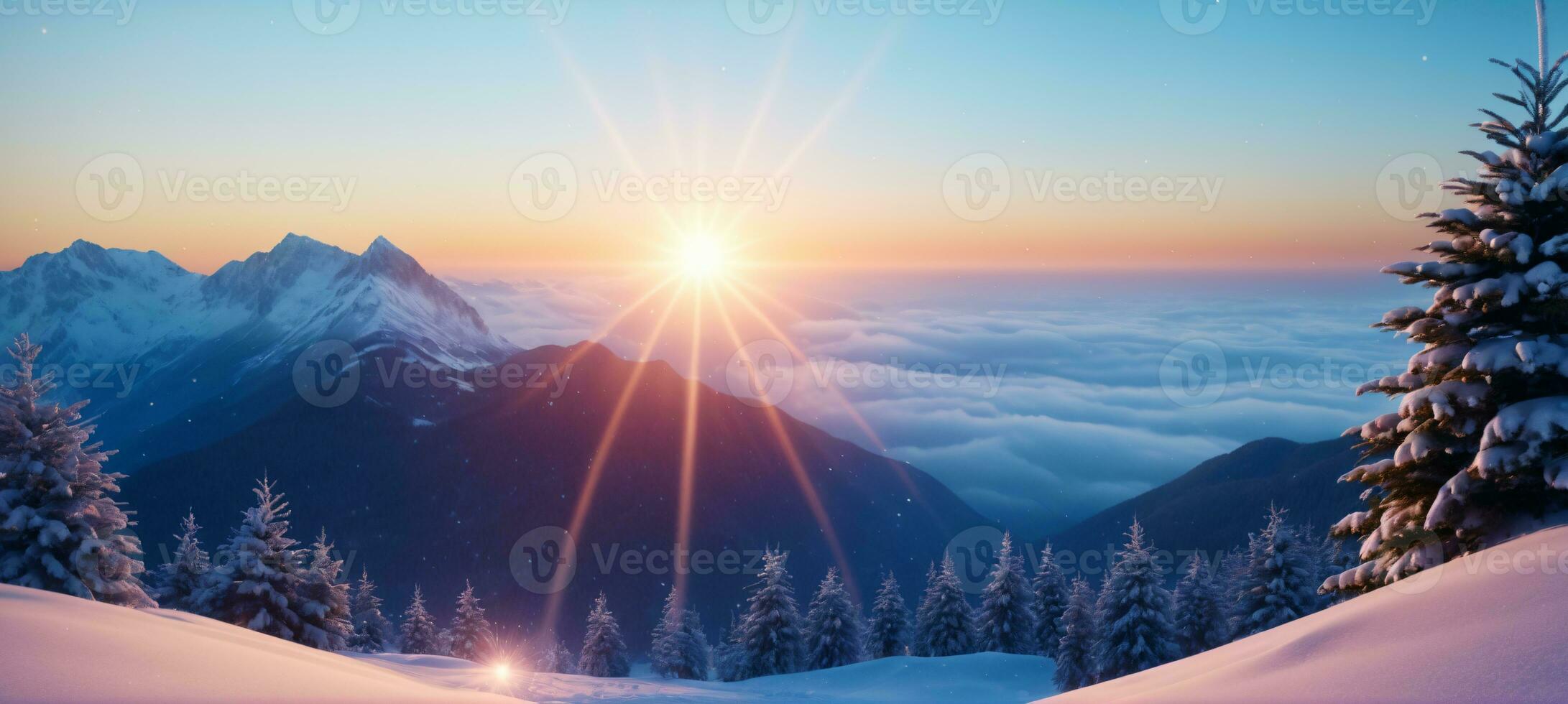 sunrise over snow covered mountains with orange and blue sky, trees, slopes, and panoramic view, AI Generated photo