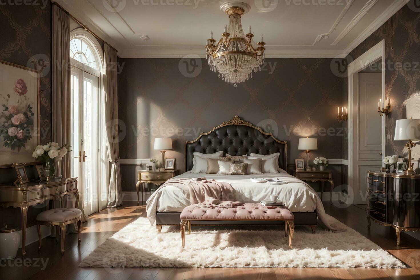 luxury comfortable bedroom with bed, armchair, side tables and mirror with big sunny window, luxurious room interior design.AI Generated photo