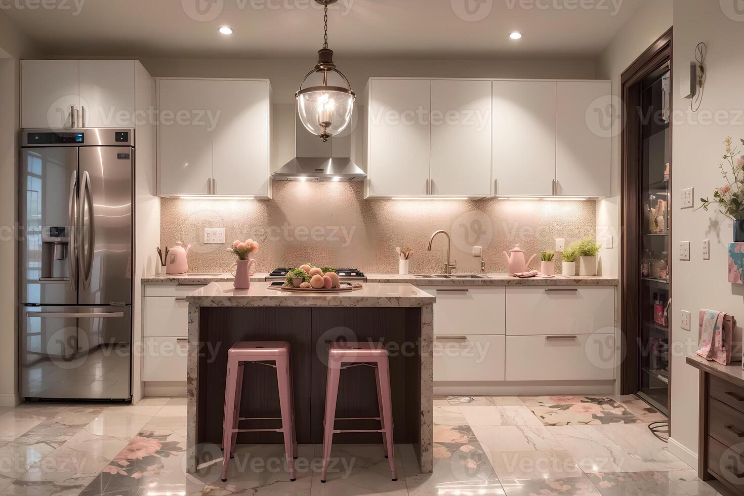 luxurious kitchen with elegant furniture and tasteful decor. Serene and spacious cooking space, peach and powder pink luxury interior design floral color refrigerator and oven.AI Generated photo