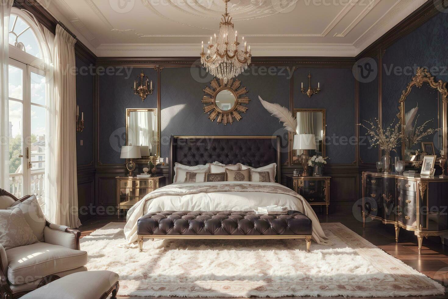 luxury comfortable bedroom with bed, armchair, side tables and mirror with big sunny window, luxurious room interior design.AI Generated photo
