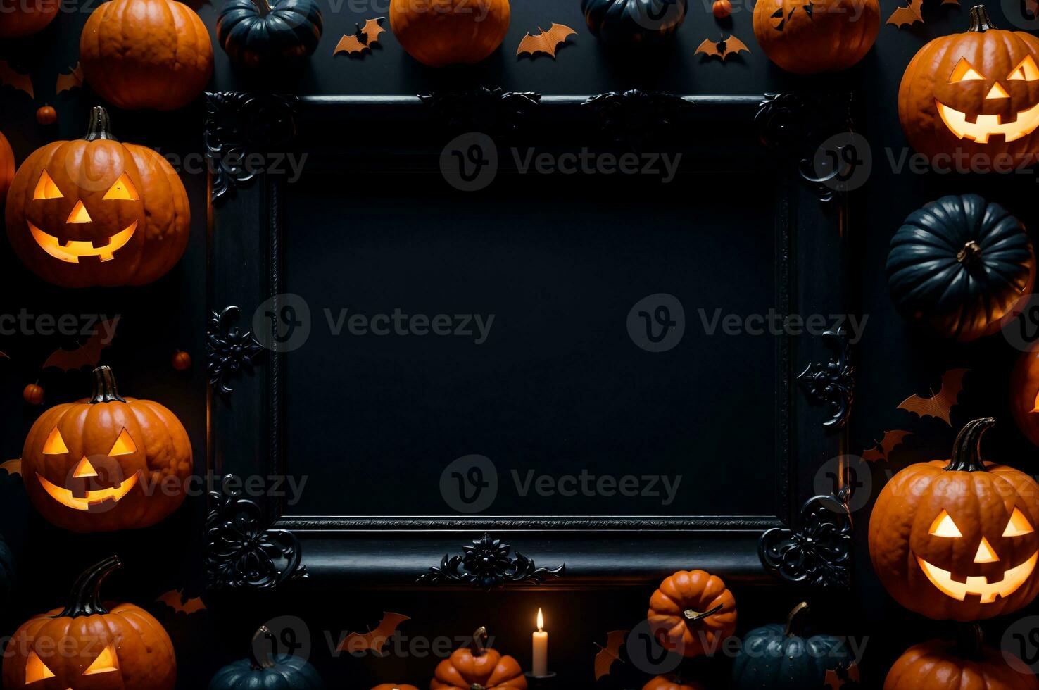 spooky halloween pumpkins and black picture frame mockup on orange and black background, AI Generated photo