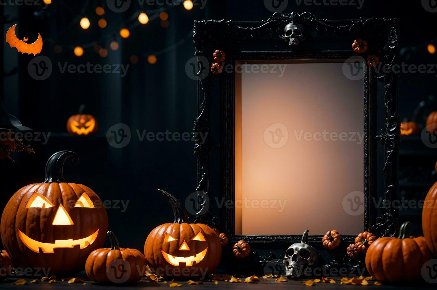 Spooky orange and black halloween blank photo frame mockup with jack o lanterns, bats, and cobwebs, AI Generated