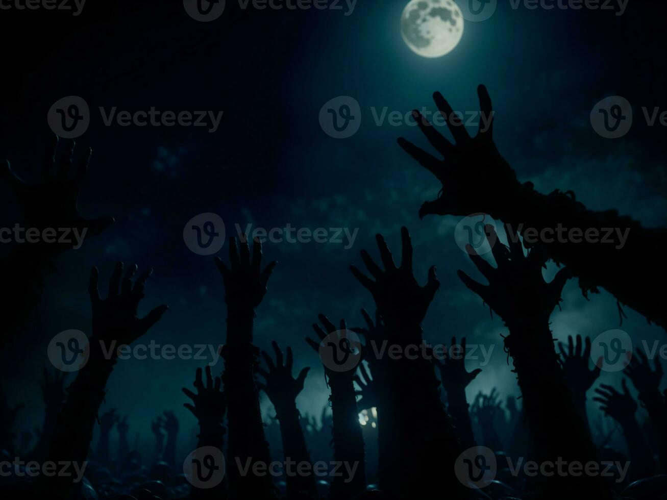 zombie hands reaching for the moon in a spooky, dark forest with a blue and black color scheme, AI Generated photo