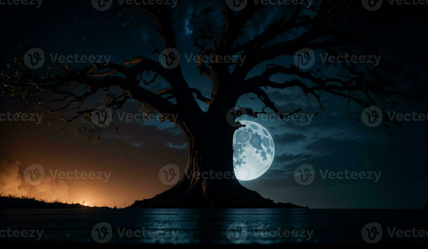 A product display table and spooky tree and a full moon over the water on a blue and orange Halloween night background, AI Generated photo