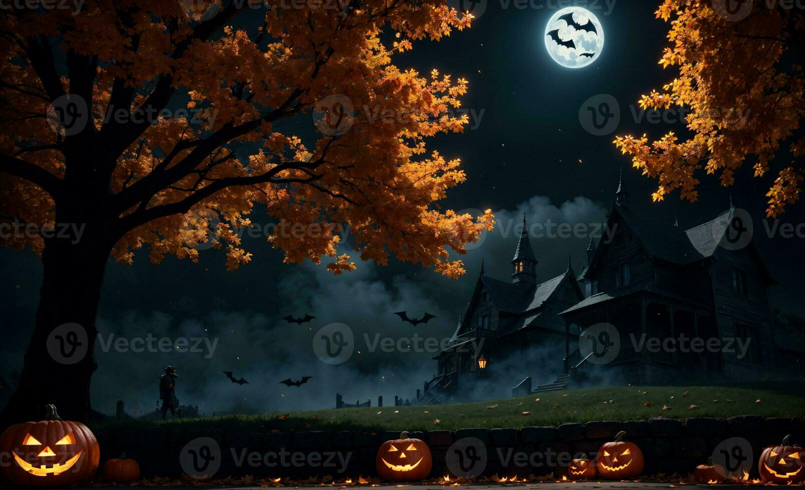 spooky halloween night with orange jack o lanterns and haunted house under a full moon, AI Generated photo