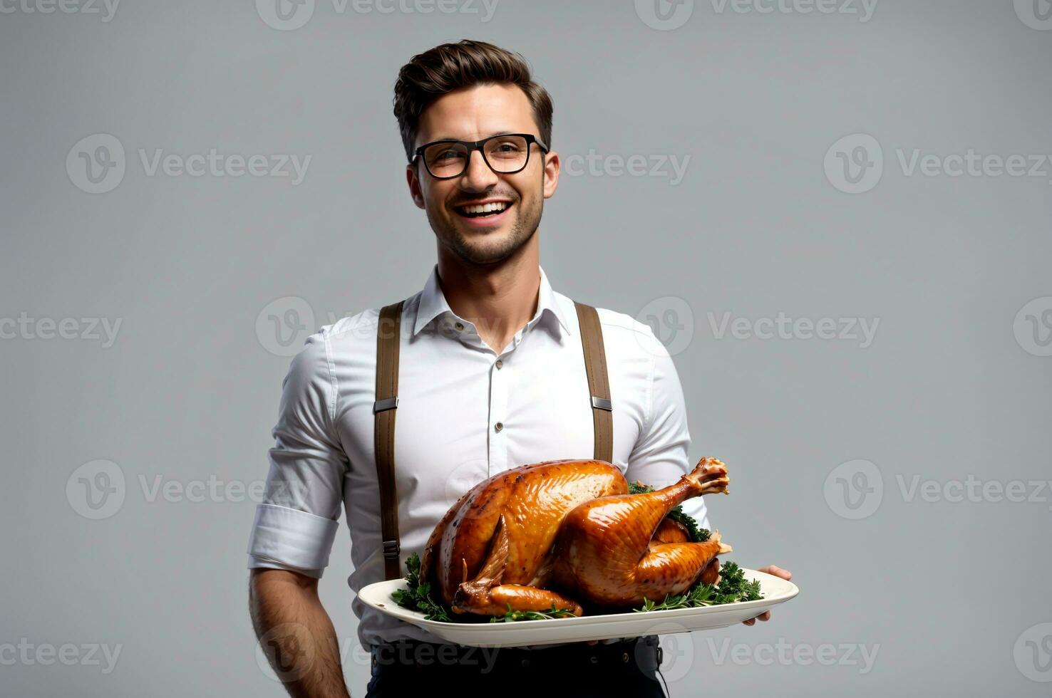 A smiling businessman in a white shirt and suspenders holding a platter with a roasted turkey on it, AI Generated photo