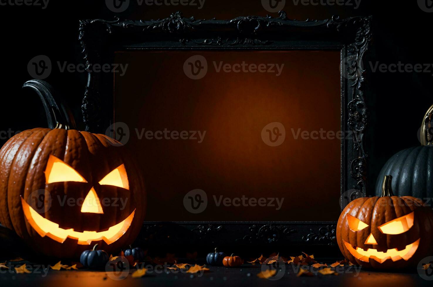 orange and black halloween decorations with jack o lanterns and copy space in blank frame picture mock up, AI Generated photo