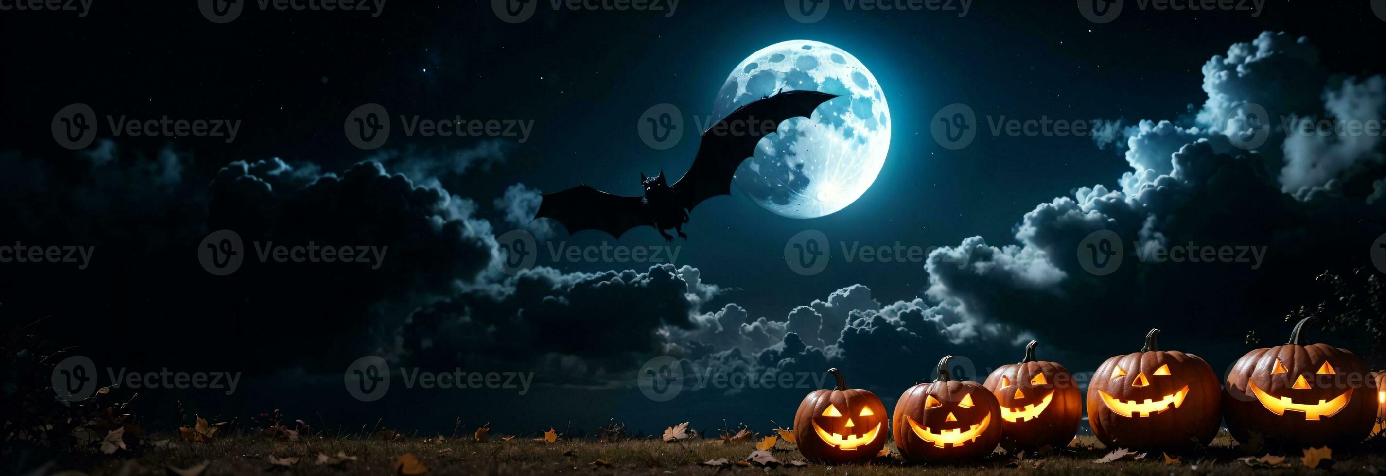 spooky halloween night with a bat flying over orange jack o lanterns and a full moon, AI Generated photo