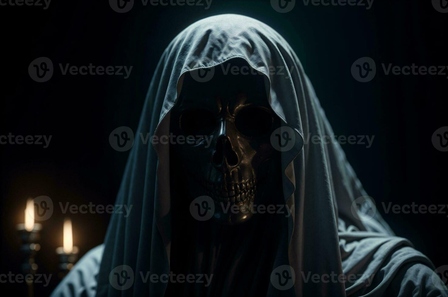 Spooky Halloween ghost with skull face and eerie candles in the background, AI Generated photo