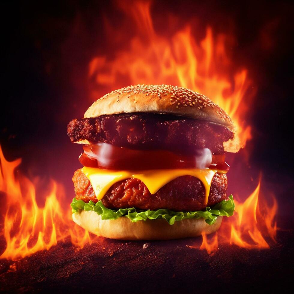 A cheese burger with a fire background AI Generated photo