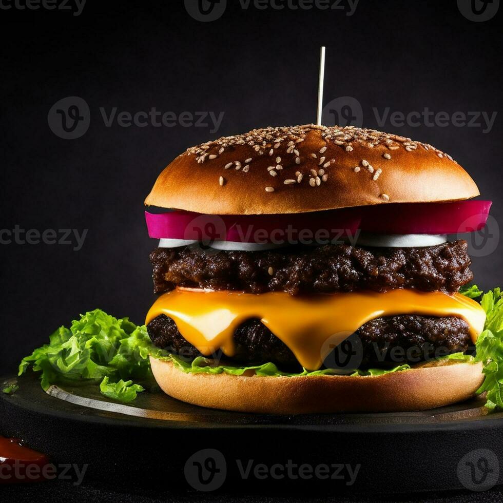 delicioso Pastelería hamburguesa con negro antecedentes ai generado foto