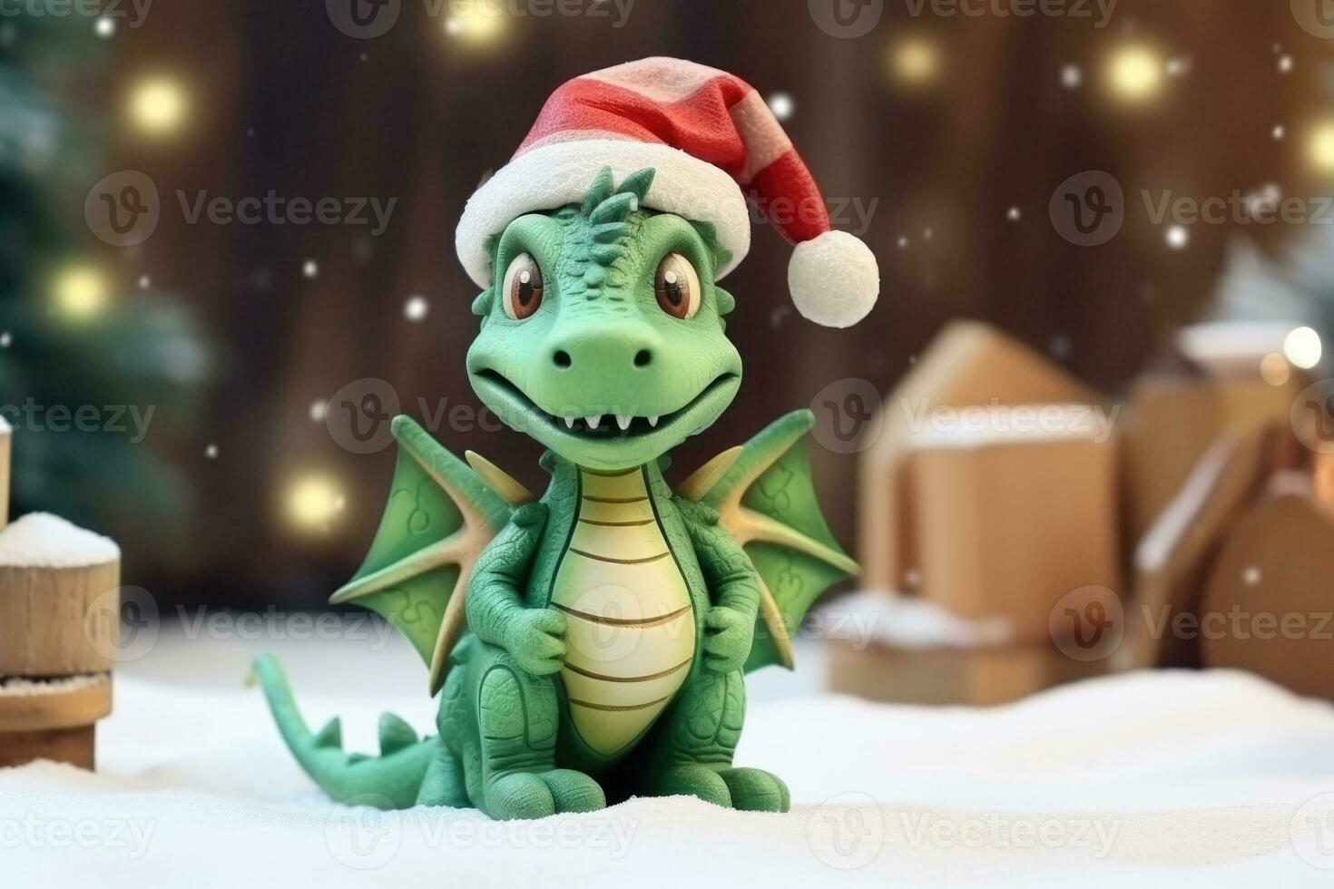 Green wooden dragon near the Christmas tree. AI Generated photo