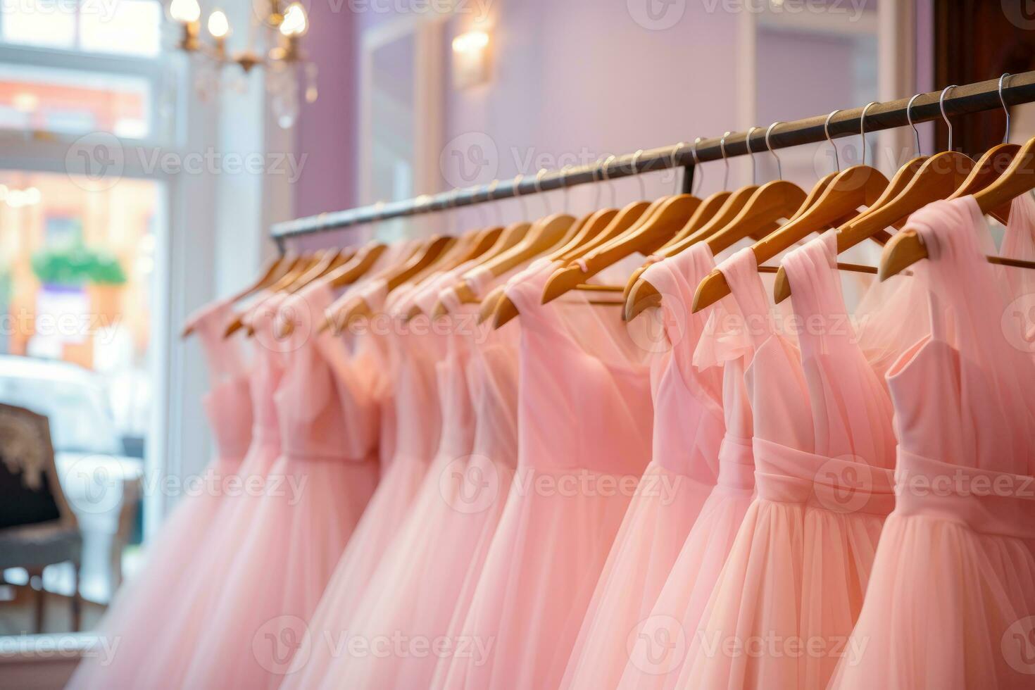 rosado vestidos son colgando en un percha en el almacenar. ai generado foto