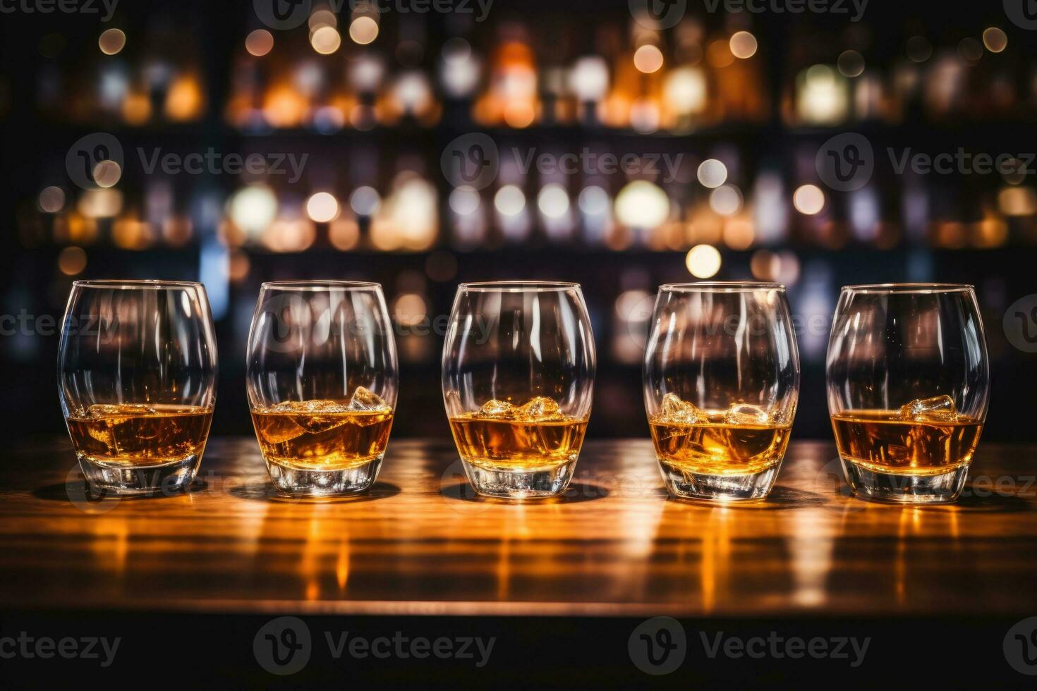 Glasses of whiskey with ice are on the bar. AI-Generated photo