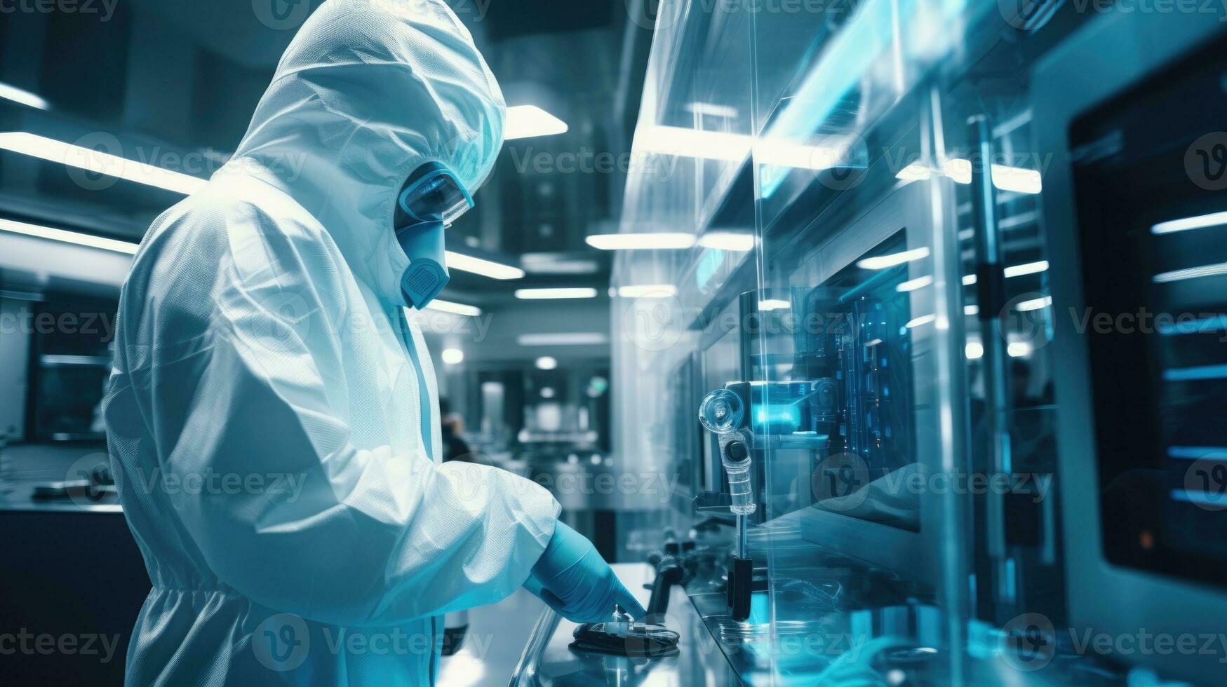 A man in a laboratory suit is standing in a sterile room with a microscope, studying viruses. AI-Generated photo