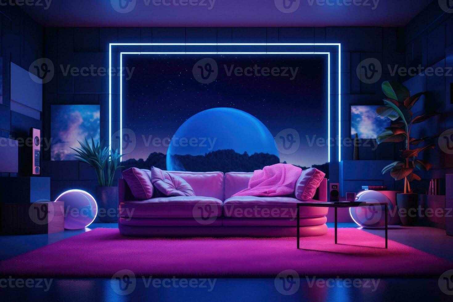 Interior of a room with neon lighting. AI Generated photo
