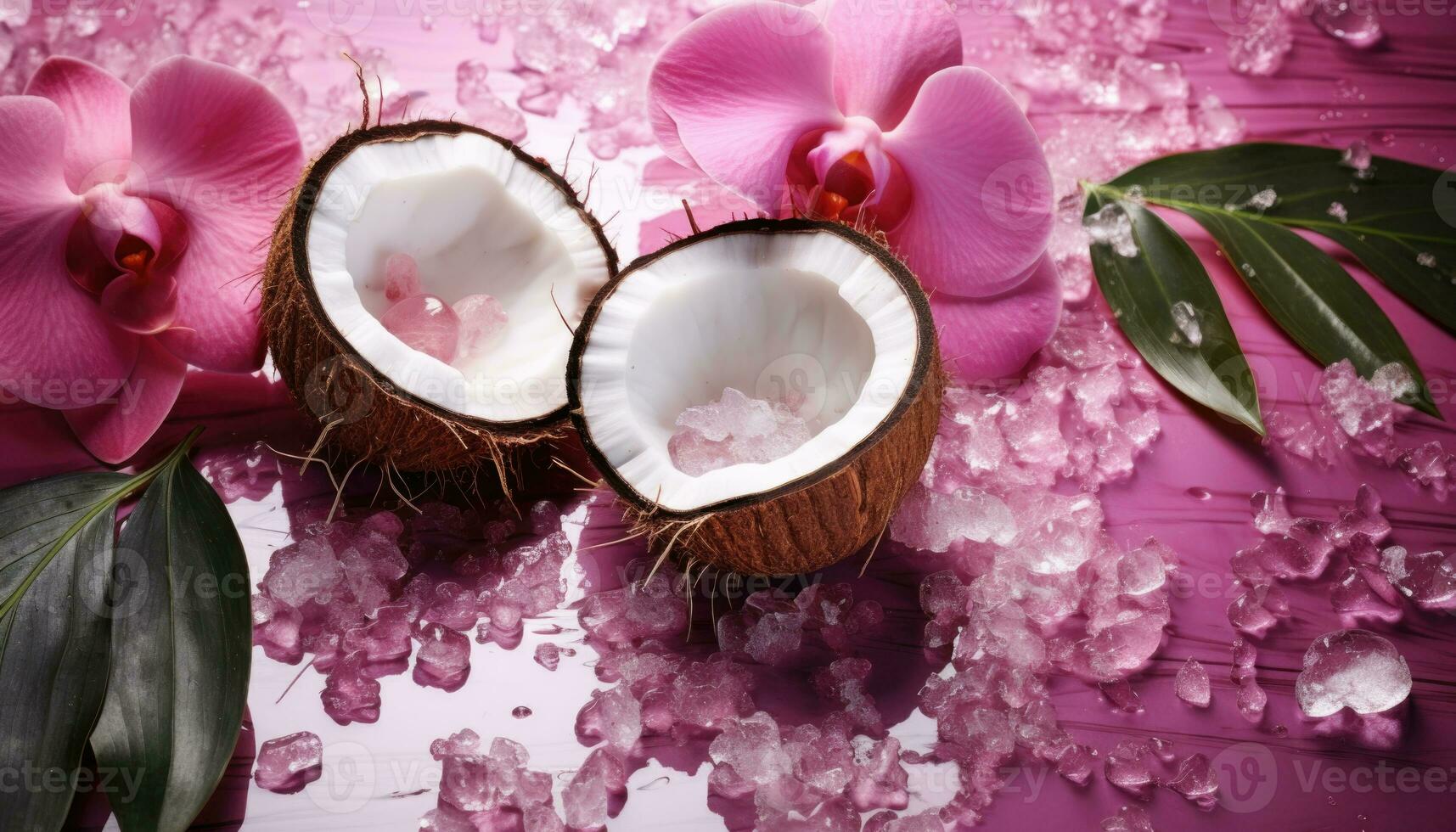 Fresh juicy coconut halves, palm leaves and flowers painted in metallic pink with water droplets. AI generated photo