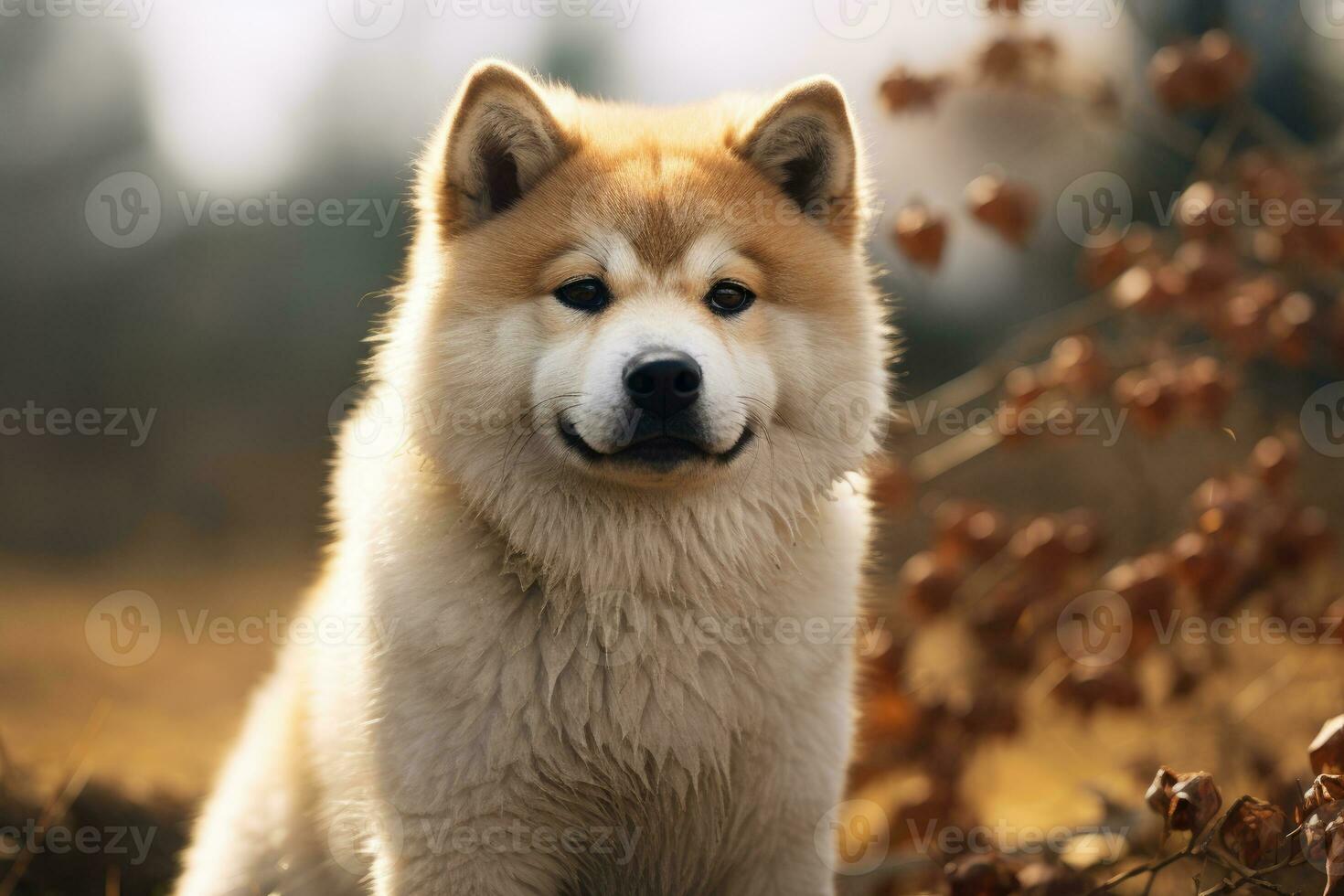 Portrait of Akita Inu dog on a walk. AI Generated photo