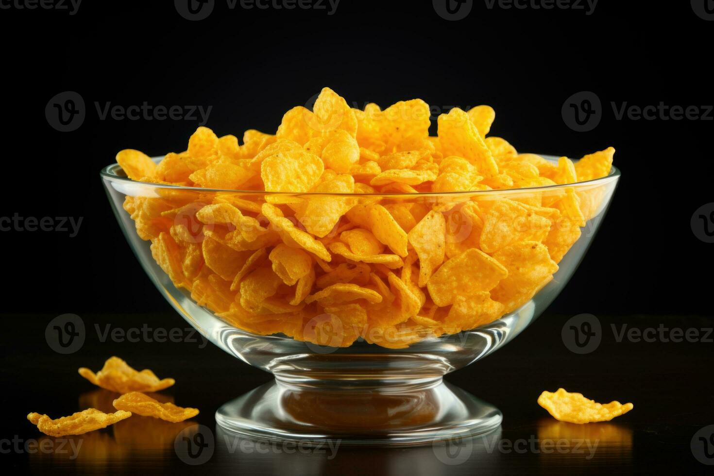 Corn flakes in a transparent plate. AI generated photo