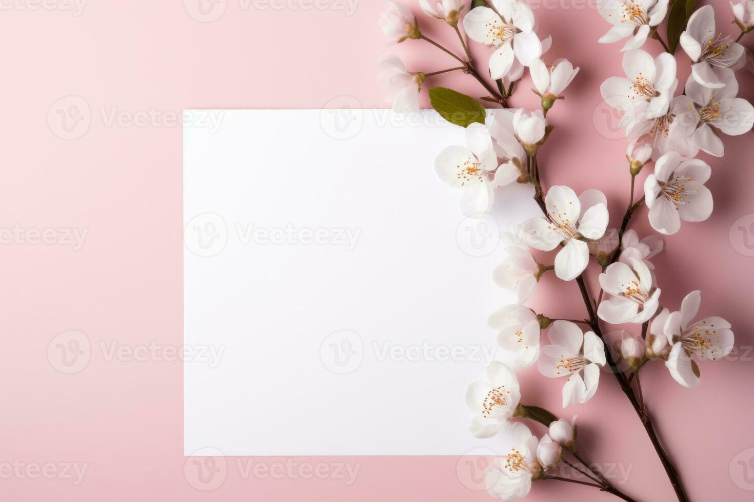 A white postcard with a flower branch lies on a pink background, a place for text. AI Generated photo