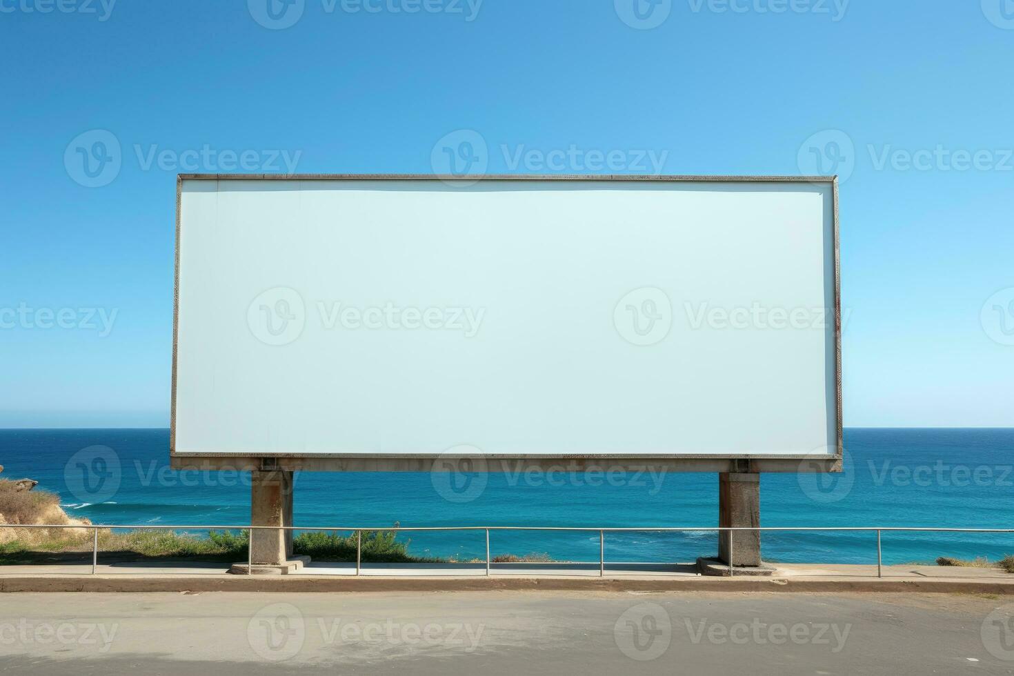 Mock up white outdoor advertising poster on the beach. AI generated photo